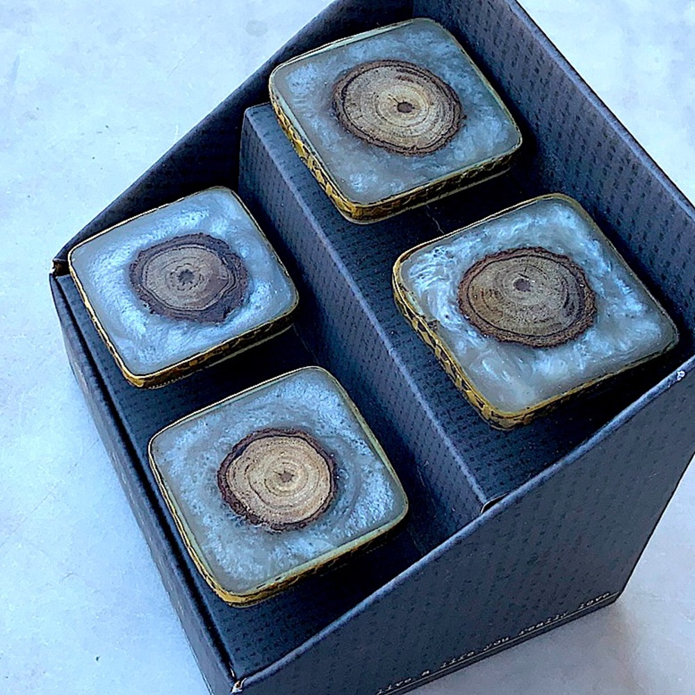 APHORISM DRAWER KNOBS SQUARE BRASS TRIM RESIN WOOD SET OF 4